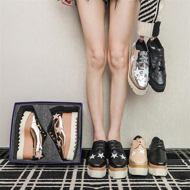 

women Star leather boots square platform slope thick Stella Britt Shoe Elyse Brushed Derbys Wedge Lace-up Fashion luxurys Shoes2218, 34