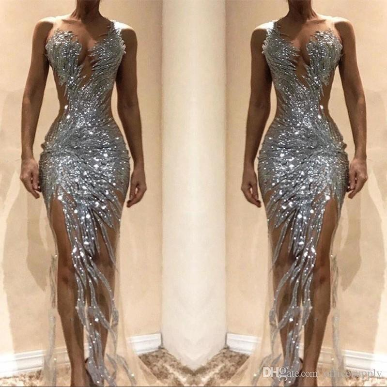

Gorgeous Silver Mermaid Prom Dresses 2022 Sexy See Through Sequins Bodice Split Long Women Occasion Evening Gowns Custom Made VOG343, Hunter