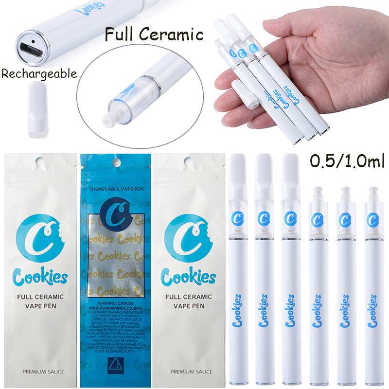 

0.5ML 1.0ML COOKIES E Cigarette Full Ceramic Disposable Vapes Cartridges Glass Mouthpiece Vape Pen 350mah Rechargeable Battery Empty Carts With Packaging Box