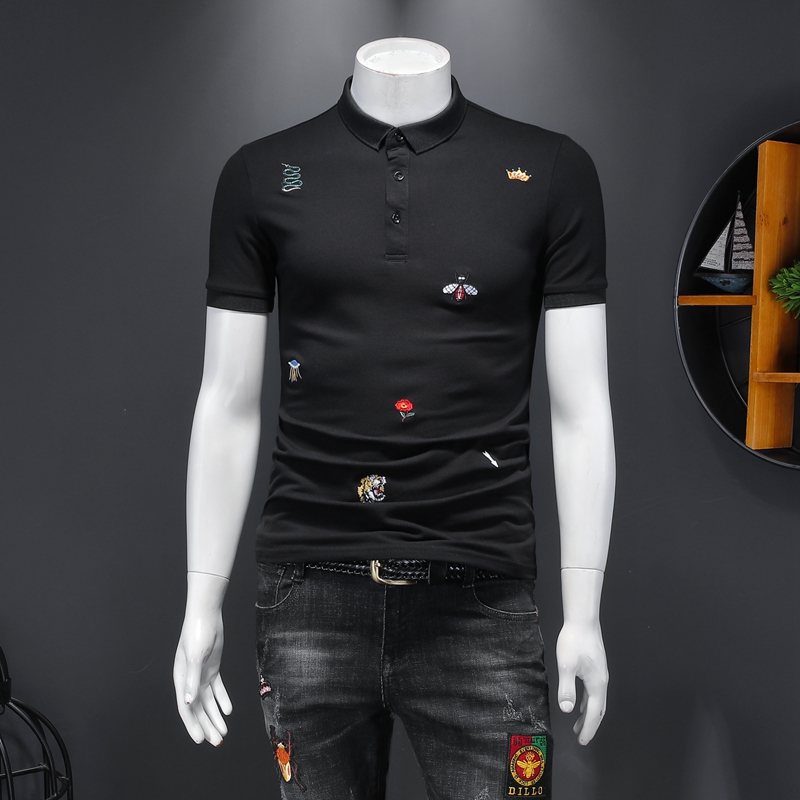 2022 new short-sleeved embroidered polo shirt men&#039;s handsome fashion trend designer casual wild flower top bottoming shirt-image-765656014