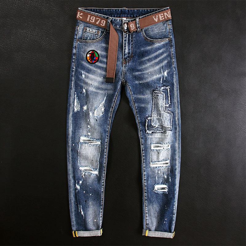 

Men's Jeans Streetwear Fashion Men Retro Light Blue Elastic Slim Ripped Trousers Patched Designer Hip Hop Denim Pants HombreMen's