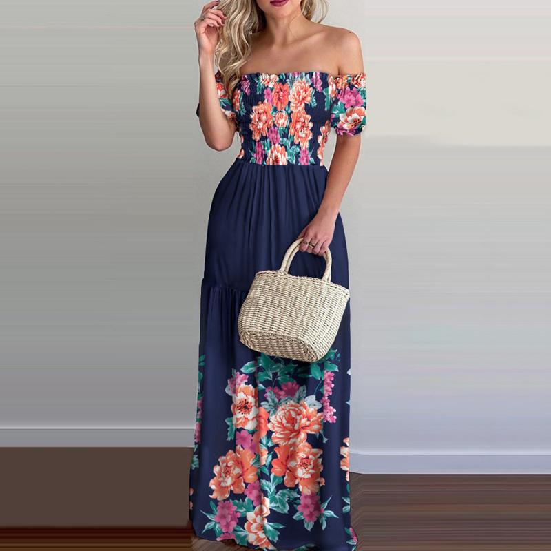 

Casual Dresses Est Women Summer Short Sleeve Off Shoulder Tropical Print Ruffles Maxi Dress Stretchy Slim Vacation Robe Femme EteCasual, Blue