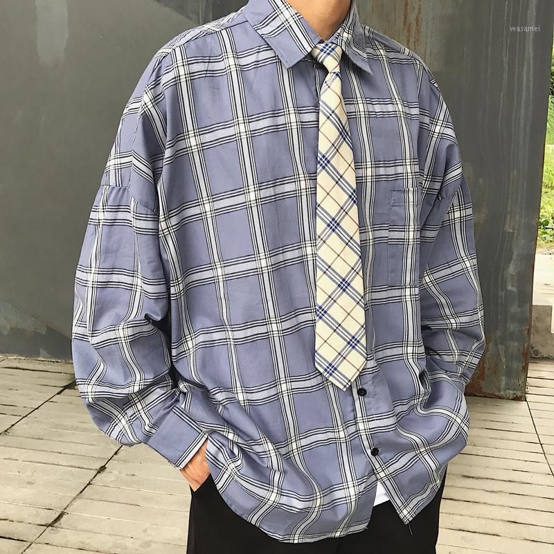 

Nice Spring And Summer Port Wind Trend Lattice Couple Loose Long-sleeved Korean Shirt Camisas Cotton Casual Dress Fashion Men's Shirts, Khaki