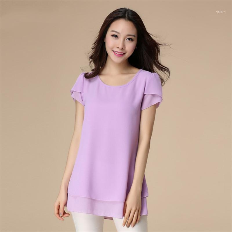 

Women's Blouses & Shirts Women Chiffon Tops Short Sleeves O-Neck Korean Fashion Solid Clothing Ladies, Blue