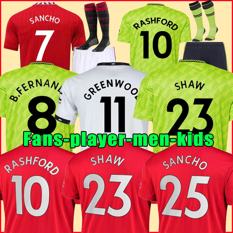 

21 22 23 SANCHO soccer jerseys PLAYER #7 Fans Player version BRUNO MANs FERNANDES LINGARD POGBA RASHFORD football shirt 2022 2023 men kids kit sets, 21-22 away men+patch