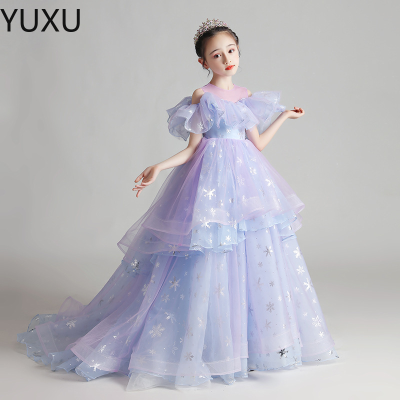 Robes de concours de petite fille à paillettes bleues scintillantes de luxe Blingbling longues robes de demoiselle d'honneur pour les mariages ro