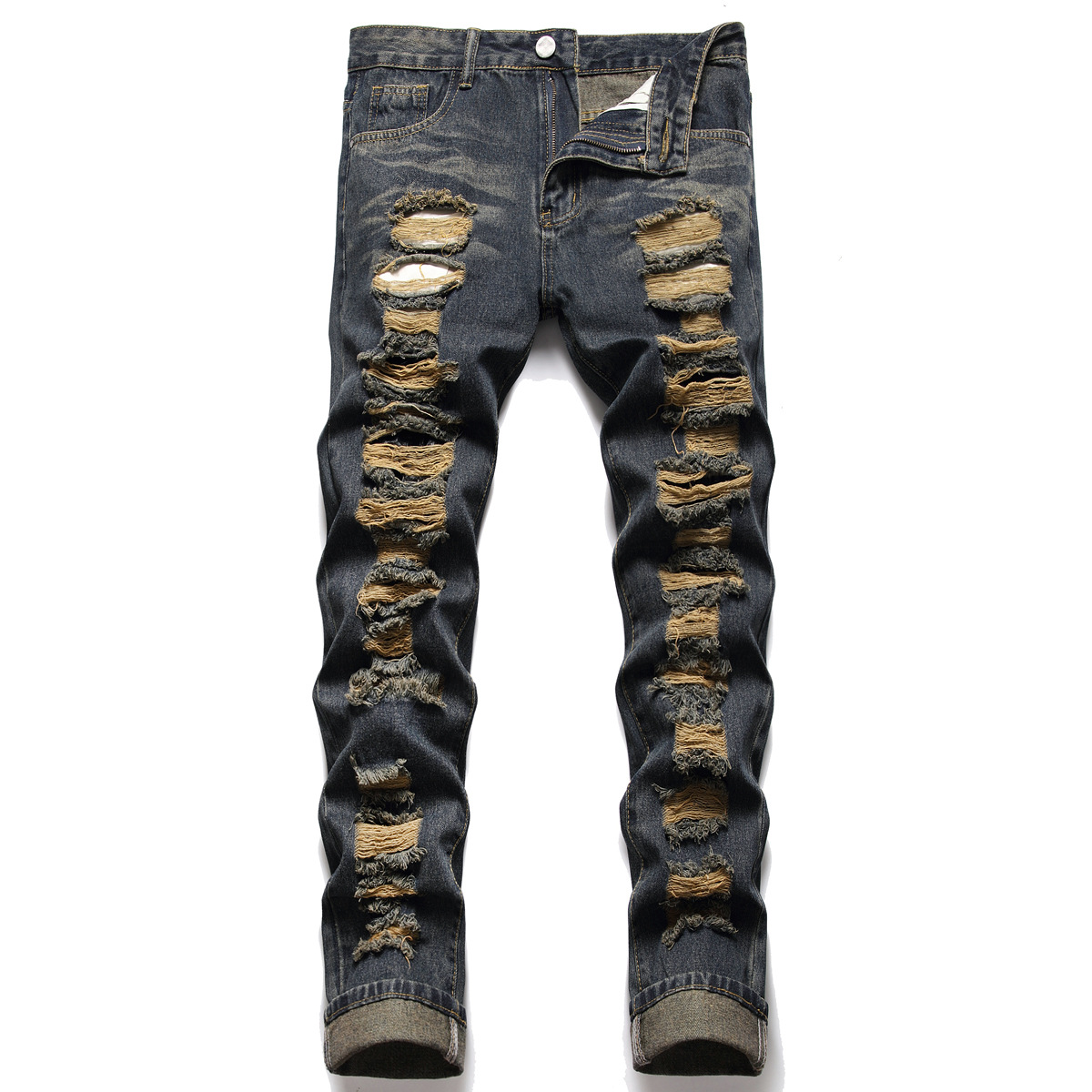 

Men Ripped Jeans Vintage Holes Distressed Blue Denim Beggar Pants Straight Trousers