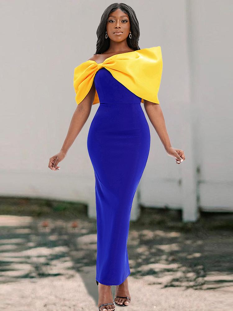 

Casual Dresses Party Maxi Dress Off Shoulder Big Bow Patchwork Yellow Blue Strapless Slim Stylish Evening Birthday Sexy Gowns 4XL LadiesCasu