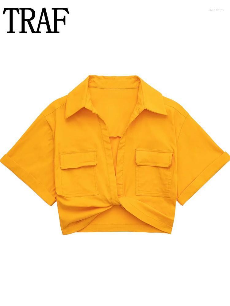 

Women's Blouses & Shirts Women's Orange Crop Top Female Short Sleeve Green Blouse Casual Knotted Summer White Woman Collared Cropped Shi, Black