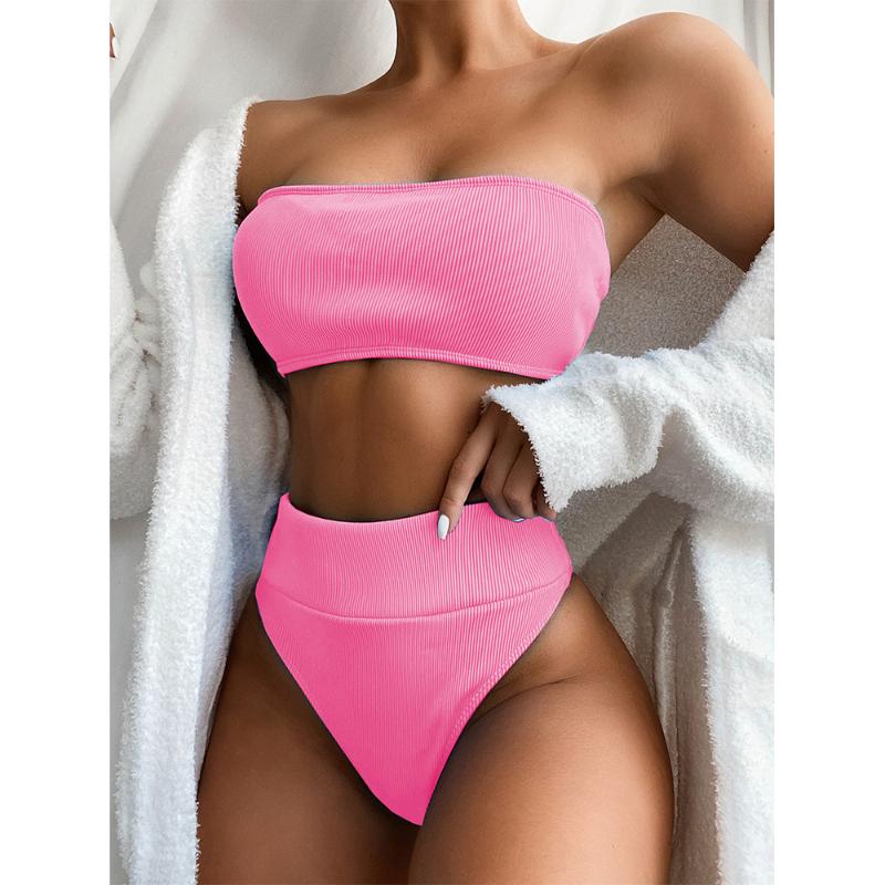 

Women's Swimwear Boob Tube Top Bikini Set High Waist Strapless Swimsuit Women Push Up Bathing Suit Monokin Brazilian Beachwear A50Women's, Pink