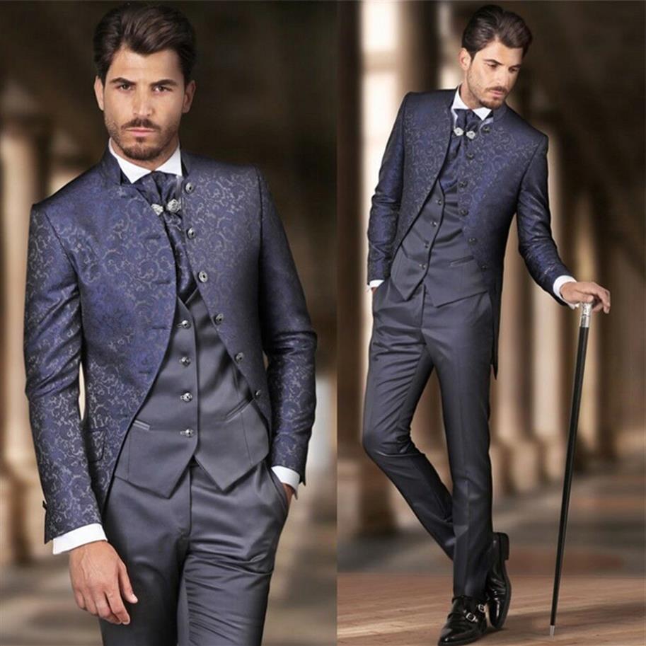 

Gentlemen Navy Groom Wear Floral Pattern Royal Nobility Mens Designer Suits 3 Pieces Prom Party Men Clothes235Y
