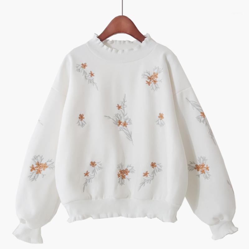 

Autumn And Winter Style Flower Embroidery Bubble Sleeve Sweet Pullover Sportswear Woman Women's Hoodies & Sweatshirts, Pink