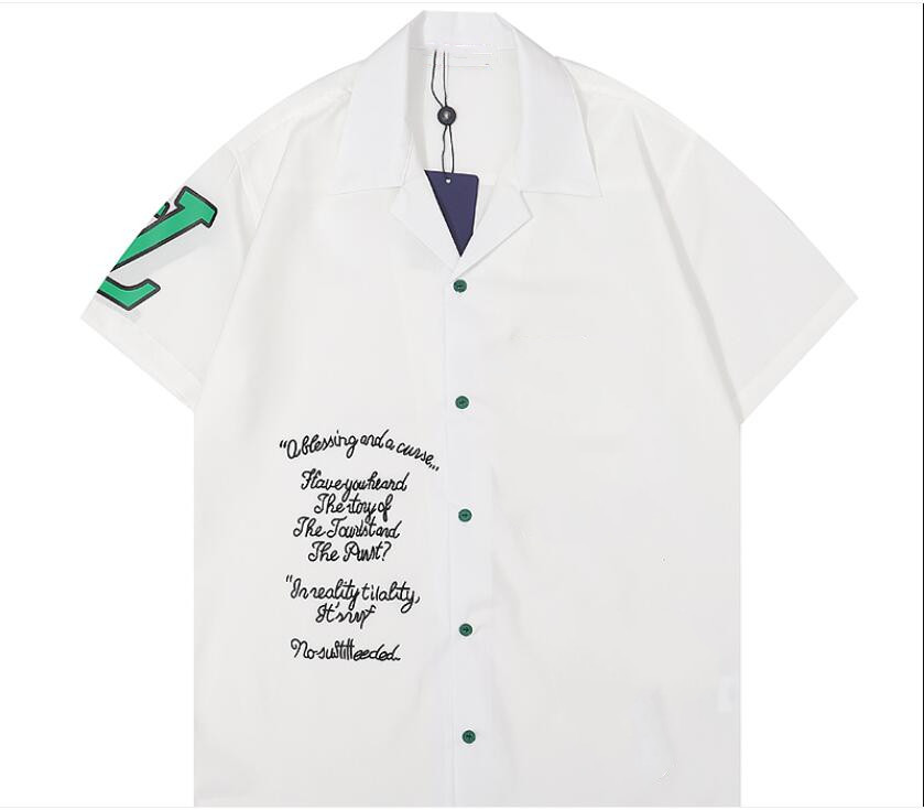

Men's Short Sleeve Shirt New Couple Letter Print Lapel Cardigan Cotton Loose Casual Vacation Top Jacket Shirt #2022, White