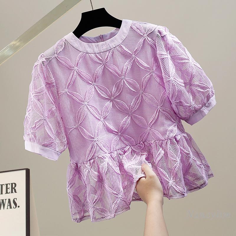 

Women' Blouses & Shirts Fashion Three-Dimensional Flower Stitching Hollow Crocheted Lace Woman 2022 Solid Color Short-Sleeved Shirt Ladies, White