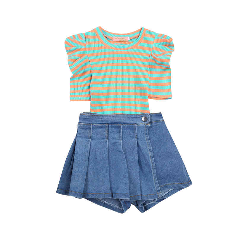 

Citgeett Summer Kids Baby Girls Puff pastry Sleeve And Shorts Set Fashion Stripe T-shirt Denim Clothing J220712, Red
