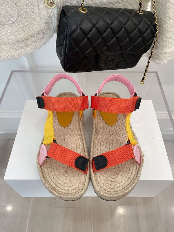 2022 Summer New Flat Velcro Sandals Female Fashion Straw Sole Casual Woven Fabric Roman Beach Shoes Colorblock Stripes Leaky Toe For Ladies