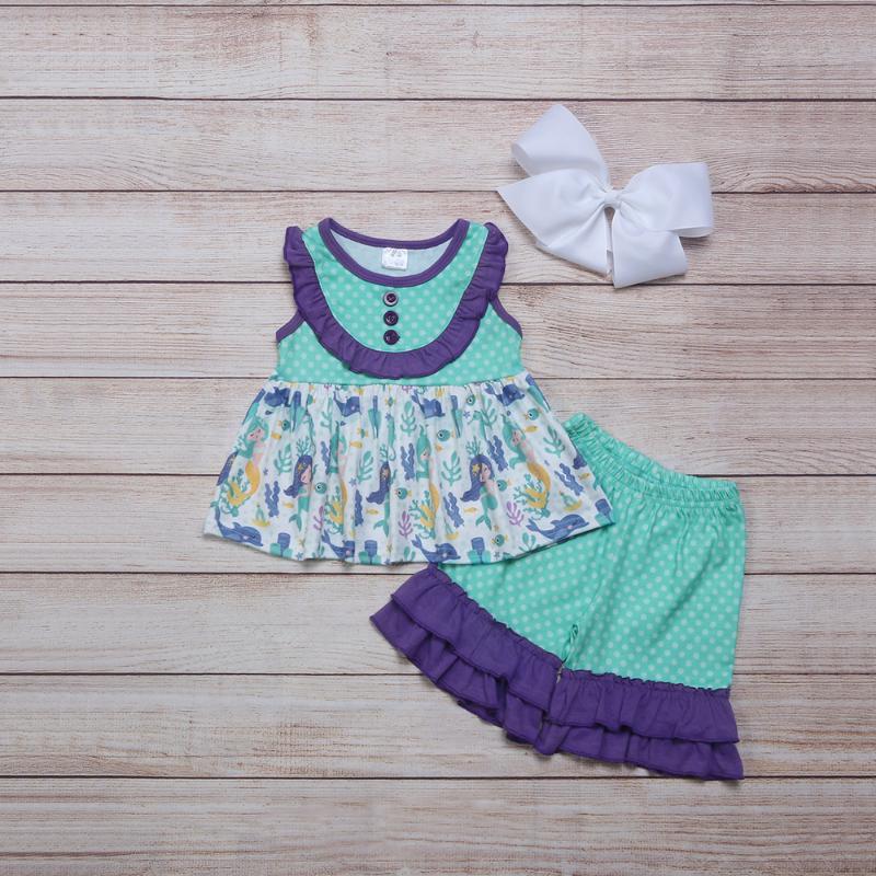 

Clothing Sets Summer Girls Clothes Purple Neckline Sleeveless Top And Green Shorts Seaweed Dolphin Print Pattern Toddler Girl Outfits, 2gk2106-425