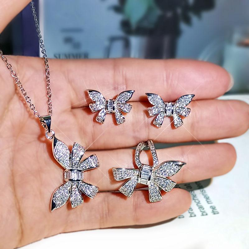 

Earrings & Necklace Nothing2 Silver Color Bowknot Jewelry Set With Bling ZIrcon Stone Long Chain Ring Stud For Women, As pic