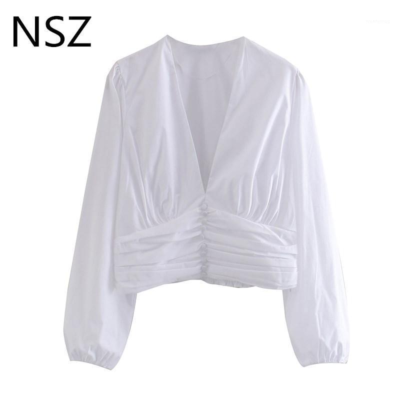 

Women Cotton White Crop Top Deep V Neck Pleated Blouse Lantern Sleeve Elegant Party Shirt High Fashion Chemise Femme Women's Blouses &