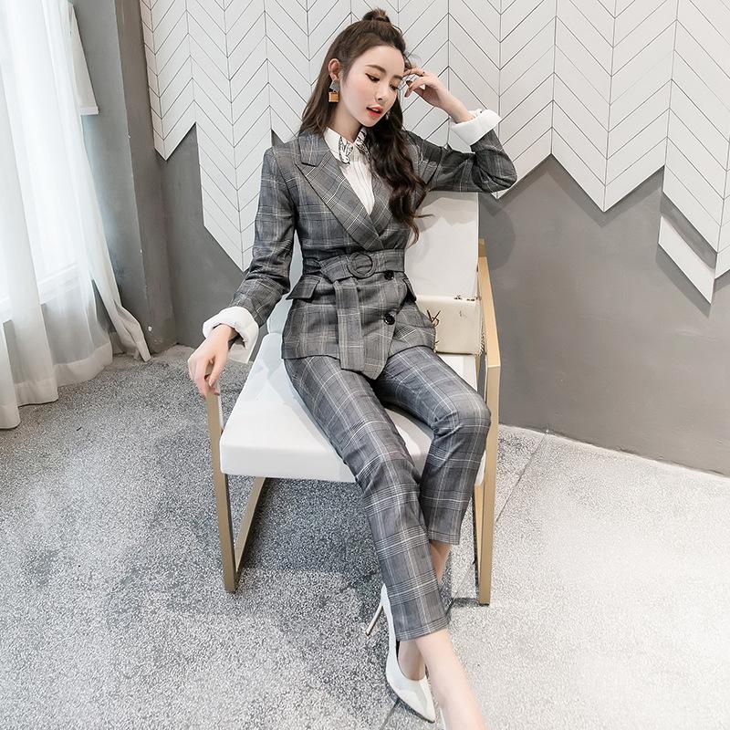 Femmes deux pièces pantalons automne hiver bureau élégant Double boutonnage Plaid pièces ensemble Blazer costume femmes affaires travail femmefem