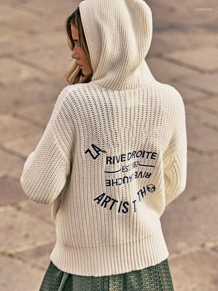 

Women' Knits & Tees Cashmere Blend Embroidered Hoodies Cardigan Women Winter Solid Warm Knitted Jumpers Zipper Street Loose Hooded Sweaters, Beige
