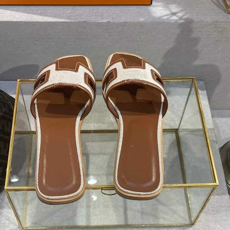

2021 Slipper H Luxury Sandals Ladies Women Genuine Leather Canvas Flat Shoe Oran Sandal Party Wedding Shoes Summer Beach Slippers With Box Big, Color 2
