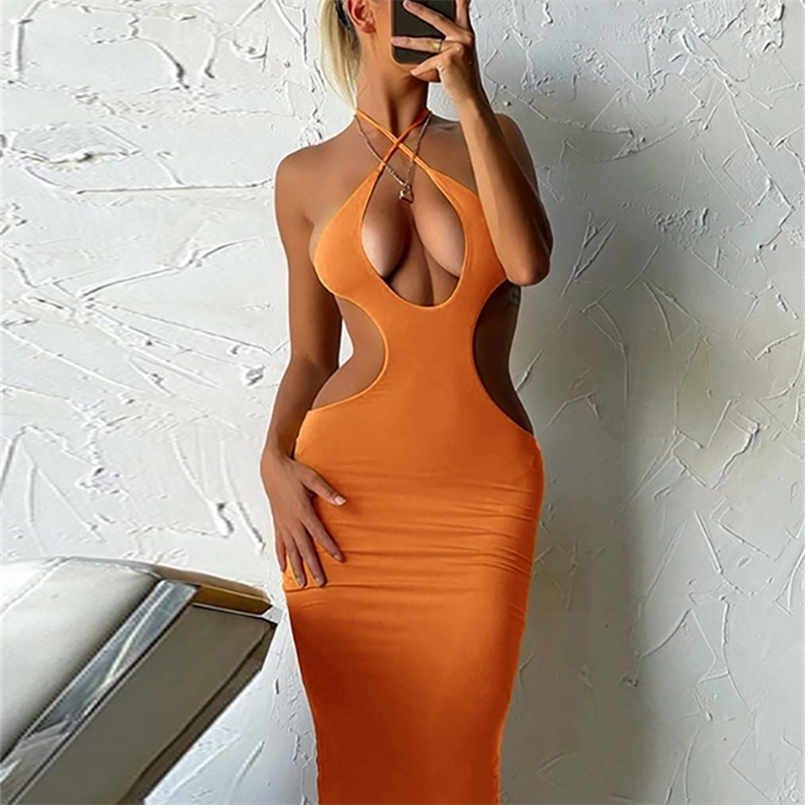 

FSDA Black Backless Halter Neck Midi Dress Bodycon Sexy Sleeveless Club Y2K Summer Hollow Out Women Dresses Beach Party 220614