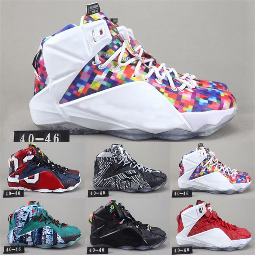 

High Quality Athletic LeBron 12 Elite Kids Basketball Shoes Men What The Black White Metallic Gold Multi Sneaker172I, As photo 1