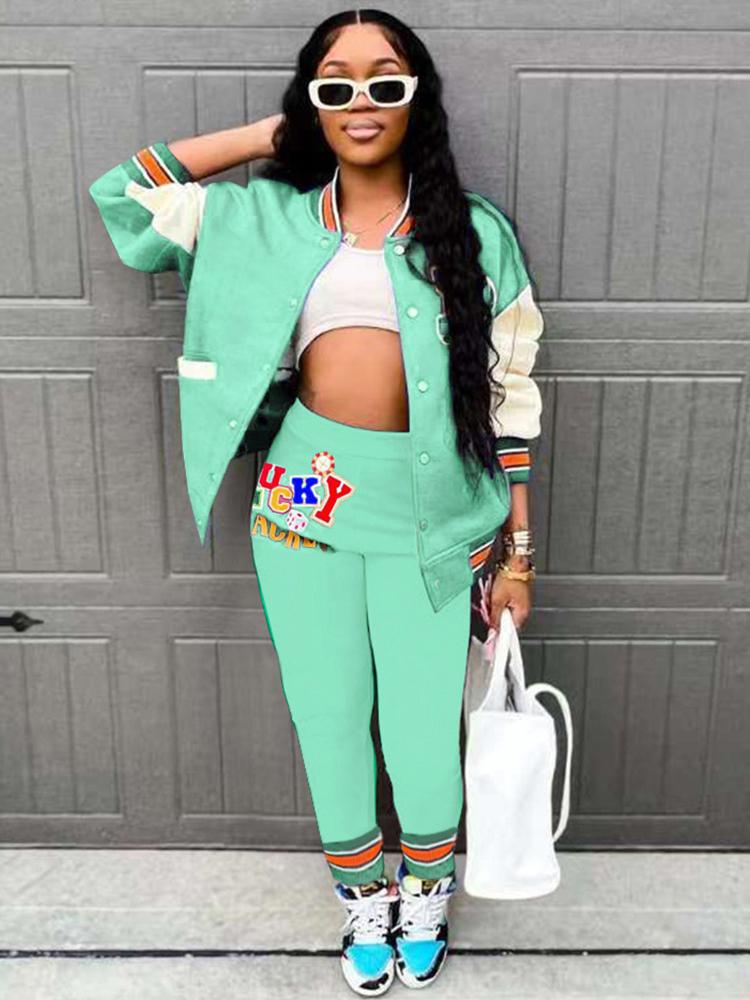 

Women' Two Piece Pants Casual Baseball Varsity Jogger Sets College Style Long Sleeve Oversized Jackets And Workout Sporty Pant Matching Sui, Blue
