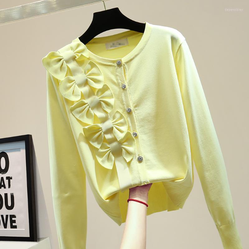 

Women's Knits & Tees Summer Elegant Bow Knitted Fabric Cardigan Women Casual Fashion Glitter Buttons Up O-Neck Long Sleeve Straight Loose Sw, White
