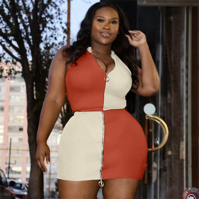 

Work Dresses 2022 Patchwork Two Piece Set Color Contrast Sleeveless Zipper Up Off Shoulder Top And Skinny Mini Skirts Casual Streetwear, Green