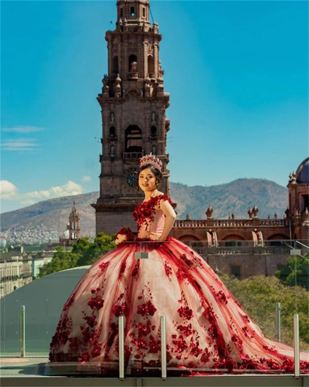 

Red Flowers Appliques Ball Gown Quinceanera Dresses 2022 Off Shoulder Princess Sweet 16 Dress Vestidos De 15 Años, Silver