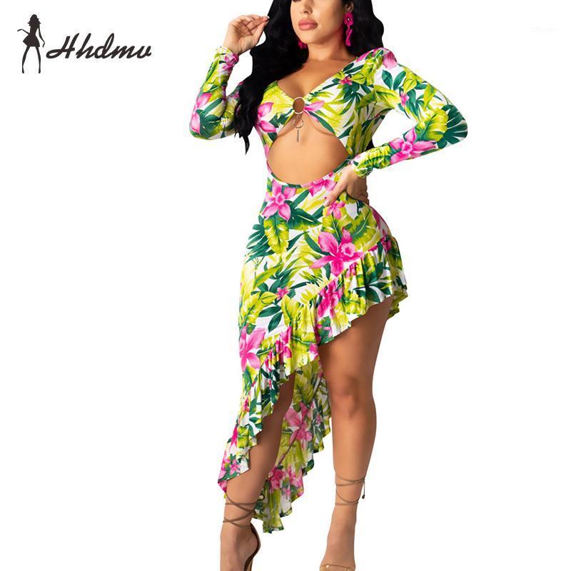 

Casual Dresses 2022 Spring Chiffon Retro Print Open Hollow Out Beach Asymmetrical Dress Full Sleeve High Waist Elastic Women Maxi, Orange