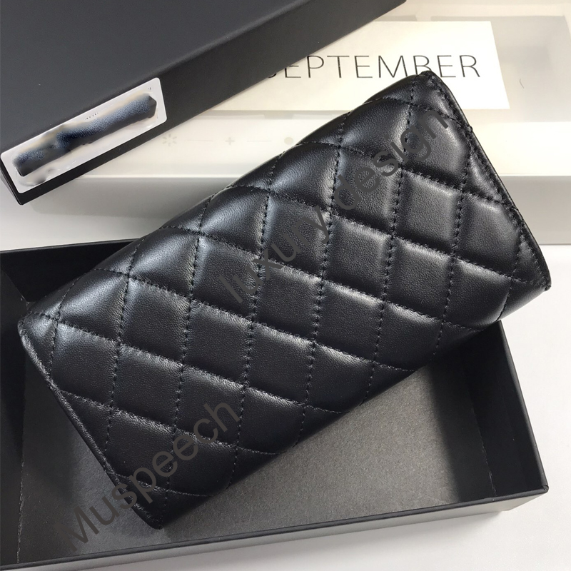 

High quality Luxury Fashion clutch Genuine leather Sheepskin Wallets with box dust bag Women Men Credit ID Card Holder Purse Wholesale Coin Purse A-50096, Black