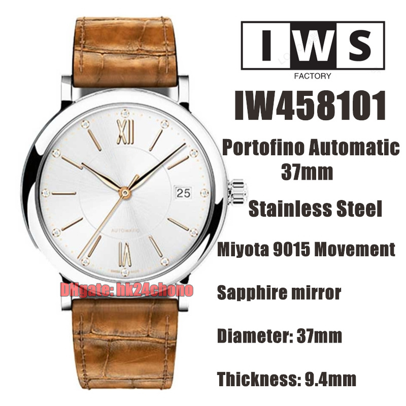 

IWSF Top Quality Watches 37mm Stainless Steel Miyota 9015 Automatic Womens Watch 458101 Silver Dial Leather Strap Ladies Wristwatches, Vip