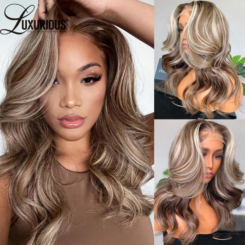 

Lace Wigs Brown Highlight For Women Human Hair Colored Loose Deep Wave Wig Ash Blonde 13x4 Front HD Transparent