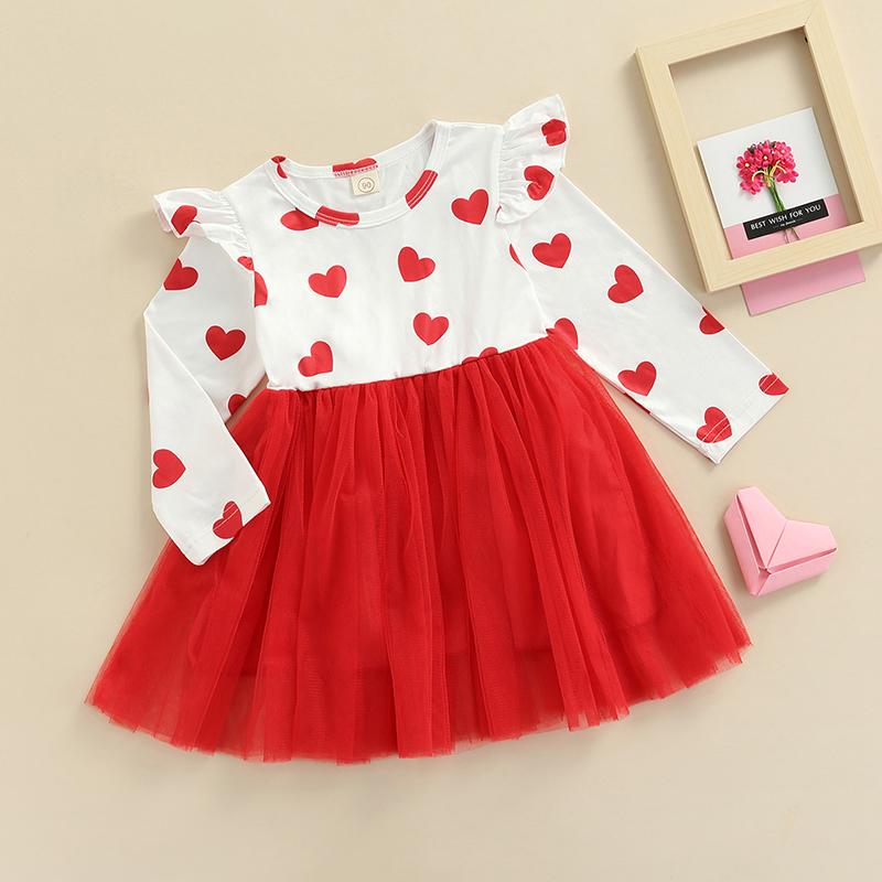 

Girl's Dresses Toddler Kids Girls Casual Dress Sleeve Heart Print Multi-Layered Tulle Princess Valentine's Day 18Months-6YearsGirl's Gir, Red