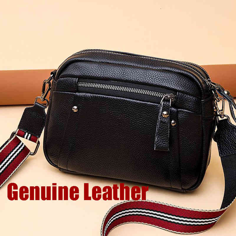 

2022 Luxury Brand 100% Genuine Leather Wide Strap Crossbody Black Shoulder Women Messenger Bags