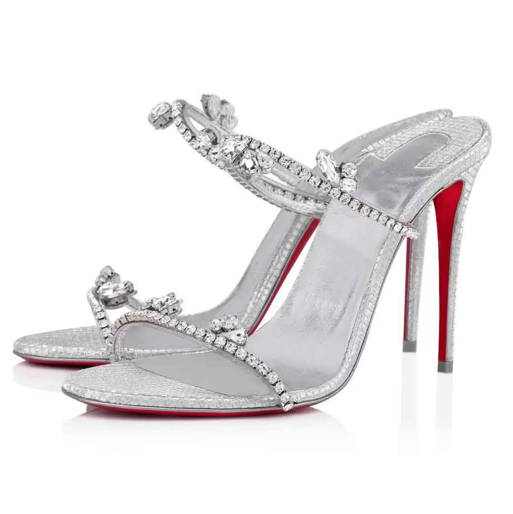 

Luxury Design Brands Just Queen Red-Bottoms Sandals Shoes Women Two PVC Straps Jewel-inspired Crystals Pumps Party Wedding Dress Romantic High Heels