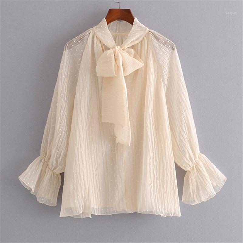 

Women's Blouses & Shirts Casual Flare Sleeve Chiffon Women Blouse Summer Neck Tie Shirt Elegant Work Wear Loose Female Solid Tops, As picture