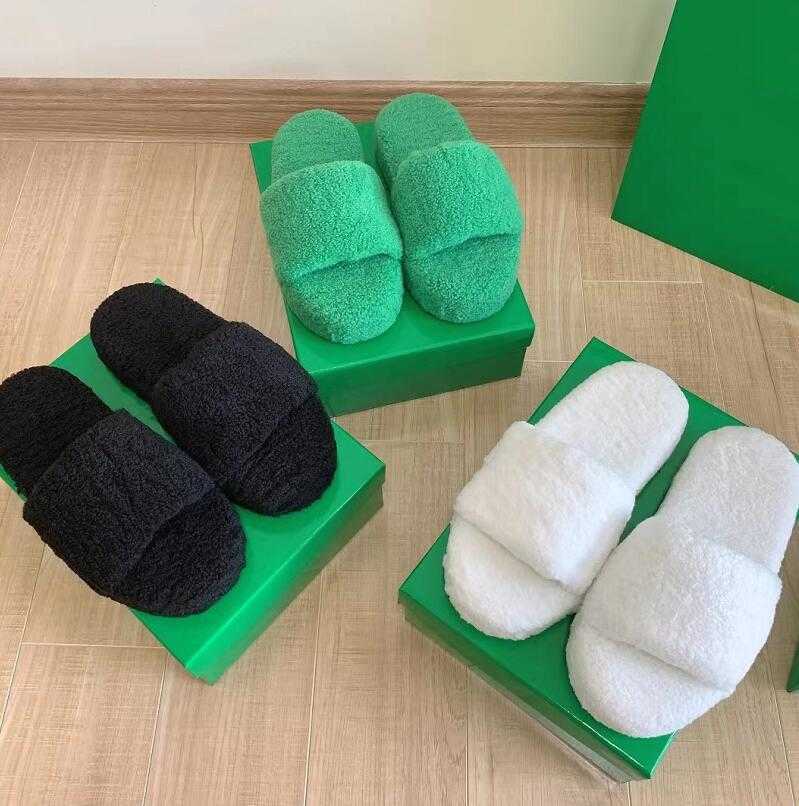 

Winter Thick-Soled Slippers Designer Classic Green Plush Slides Top Quality Womens Woollen Plush Sandal Fashion Solid Color Lady Luxury, Box