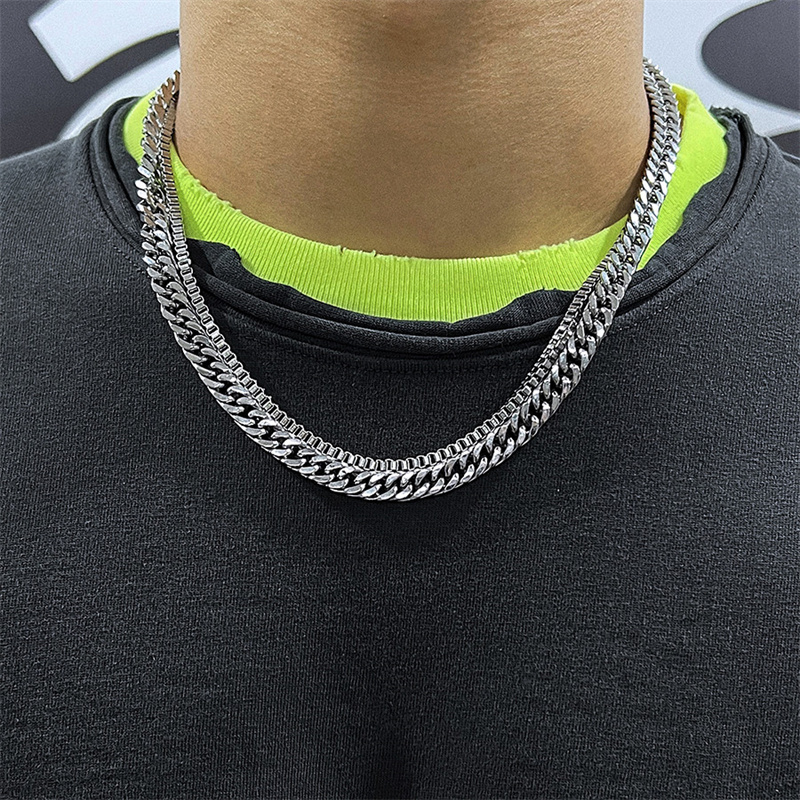 

2022 Original Double Layer Cuban Necklace Silver Titanium Steel Metal Men and Women Hip Hop Street Stacked Fashion Jewelry