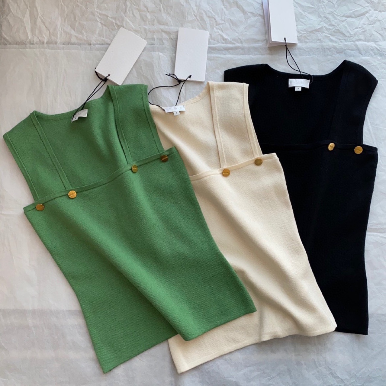 

Women' Knit Sling T-Shirt Summer New Gold Button Slim Fit Rib Tank Top # -L, Black