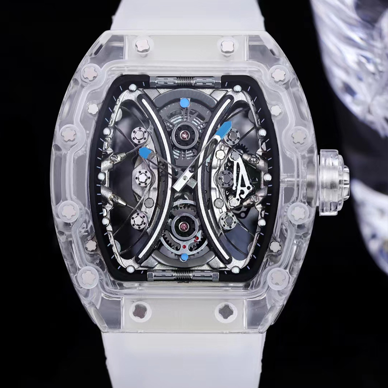 

2022 New Version Skeleton mens watch White rubber strap transparent case Mechanical ETA movement watches sapphire Top quality all function works, 01 with box