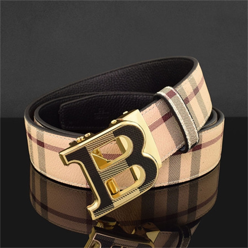 

2022 b letter buckle Plaid automatic top layer leather Collage, Black