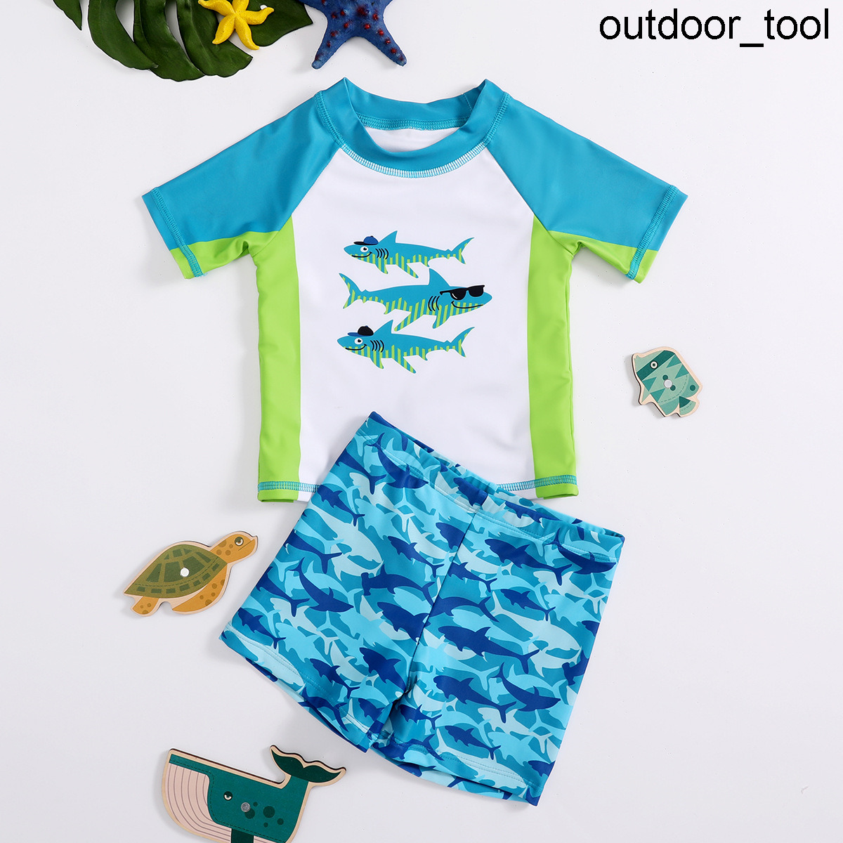 2022 enfants maillots de bain 2 pièces garçons maillot de bain à manches courtes pour garçon 2-7y bleu couleur requin imprimé vêtements de plage