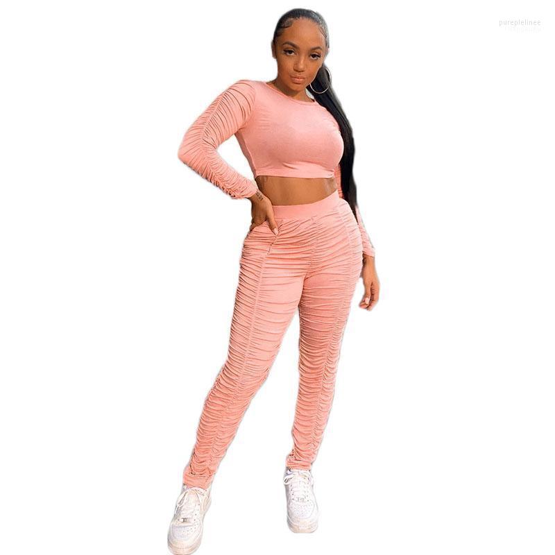

Solid Color Pleated Sexy Crop Tshirts Tops & Stacked Sweatpants Jogger Women Two Piece Outfits Winter Casual Tracksuits Women, Pink
