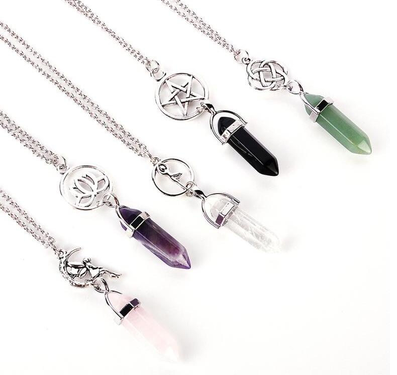 

Fashion Crystal Pendant Necklace Natural Gem Stone Quartz Bullet Hexagona buddhist lotus gothic pentagram Hexagon Reiki Chakra Choker For Men Women Party