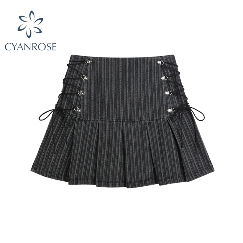 

Y2k Pleated Skirt Women's Sexy High Waist Sid Grey Stripe Bandage Mini s Summer Harajuku Streetwar 220322