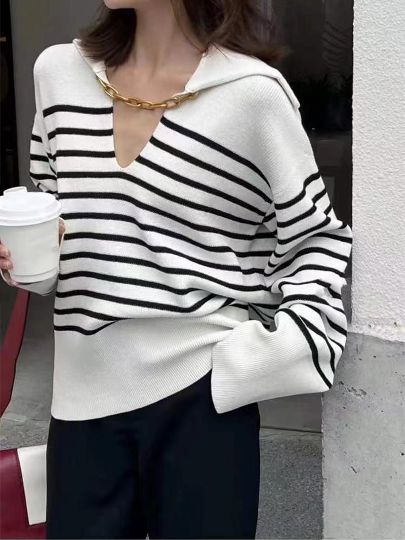 

Women' Sweaters Women Sailor Collar Sweater Chain Decoration Simple Long Sleeve Female Loose Pullover 2022 Early AutumnWomen